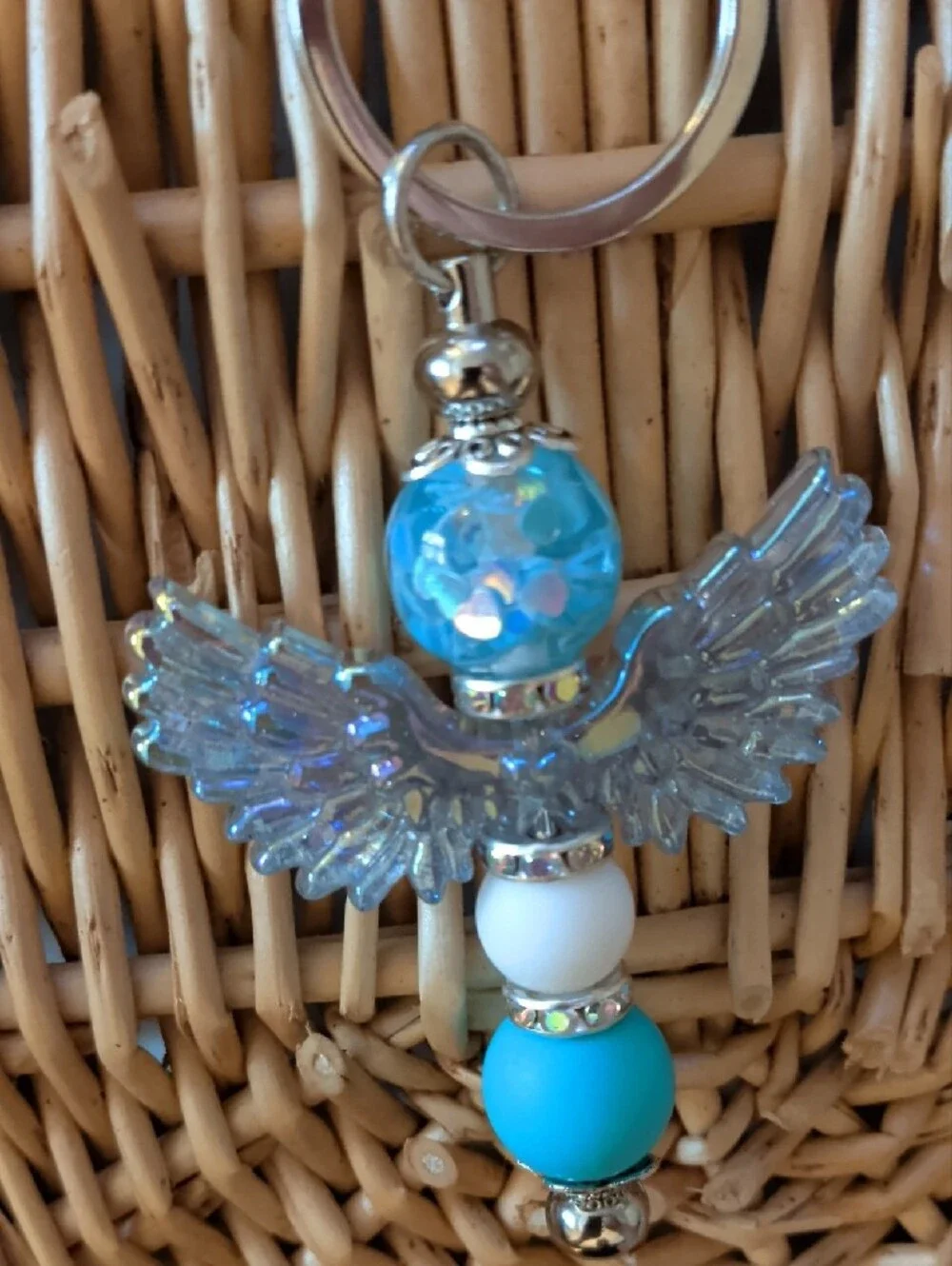 Handmade Angel Wing Keychain - Turquoise & White Beaded Key Holder